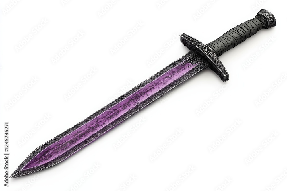 Illustrated fantasy sword with a glowing purple blade and black leather handle isolated on white background symbolizing power and mystery Illustrated fantasy sword with a glowing purple blade and black leather handle isolated on white background symbolizing power and mystery