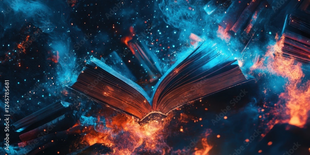 Obraz premium Open book surrounded by vibrant flames and glowing particles in a dark, mystical setting