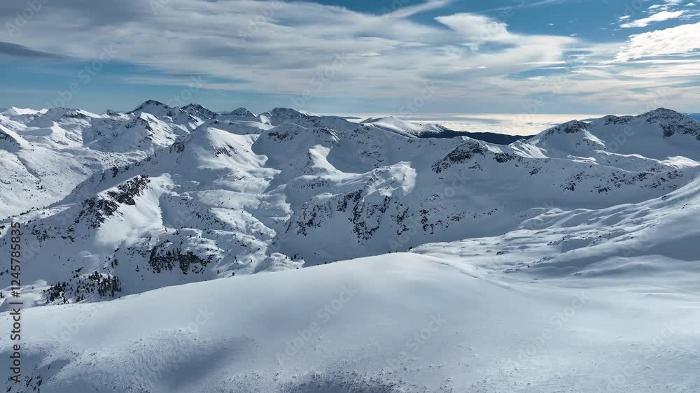 Aerial rising view Alps mountains snowy peaks in sunny day with high clouds. Majestic breathtaking mountains landscape. Drone Aerial Flight Over Swiss Mountain Range. Panoramic aerial footage Aerial rising view Alps mountains snowy peaks in sunny day with high clouds. Majestic breathtaking mountains landscape. Drone Aerial Flight Over Swiss Mountain Range. Panoramic aerial footage