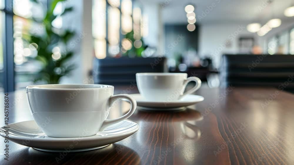 Cozy Cafe Scene with White Coffee Cups on Wooden Table Cozy Cafe Scene with White Coffee Cups on Wooden Table