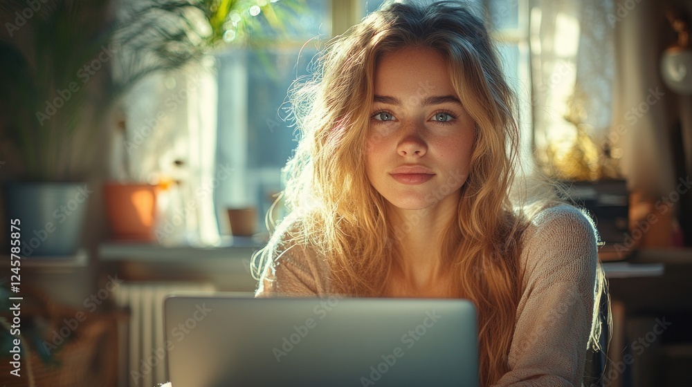 Contemplating Woman Using Laptop in Serene Workspace with Stress and Fatigue Contemplating Woman Using Laptop in Serene Workspace with Stress and Fatigue