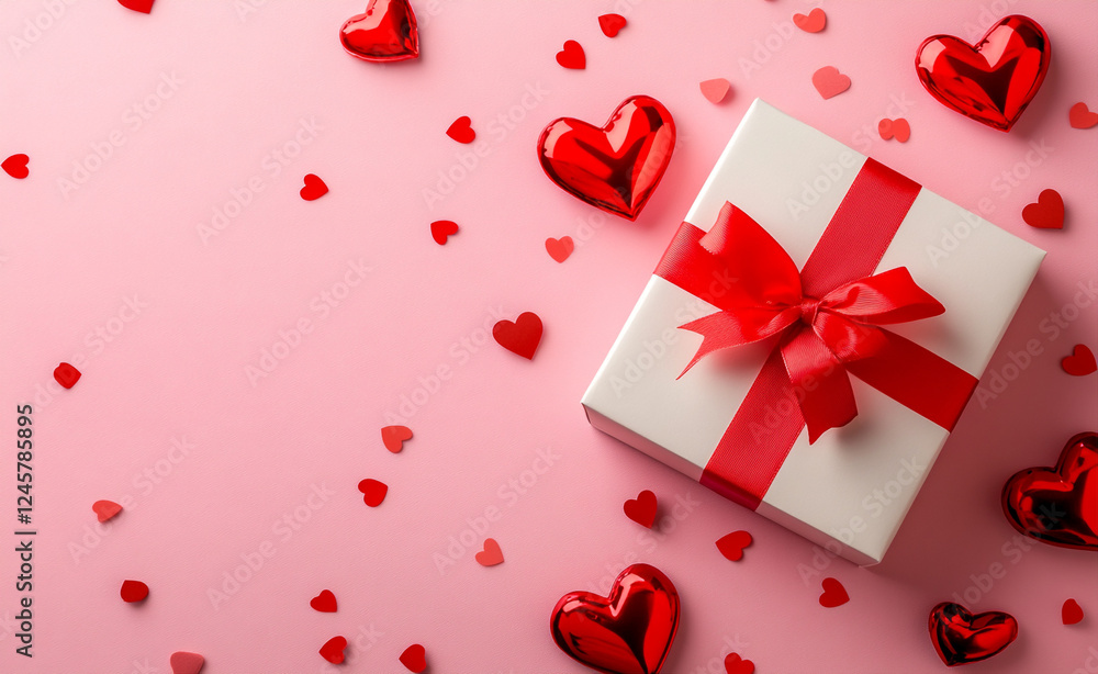A pastel pink background featuring a red ribbon-tied gift box. This flat-lay composition is designed for Valentine's Day themes, with ample copy space for banners, web designs, and greeting cards. A pastel pink background featuring a red ribbon-tied gift box. This flat-lay composition is designed for Valentine's Day themes, with ample copy space for banners, web designs, and greeting cards.