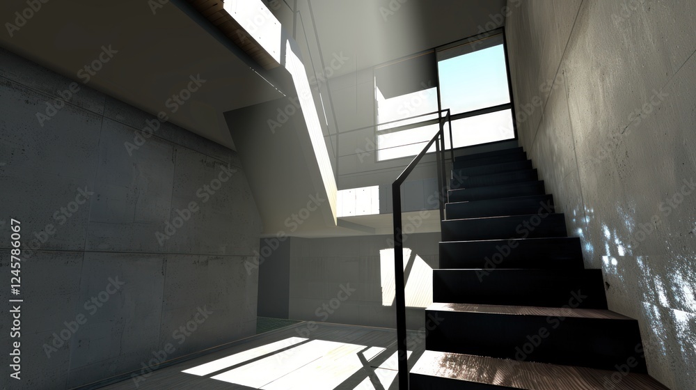 Fototapeta premium Sunlit Concrete Staircase: Modern Architectural Interior Design