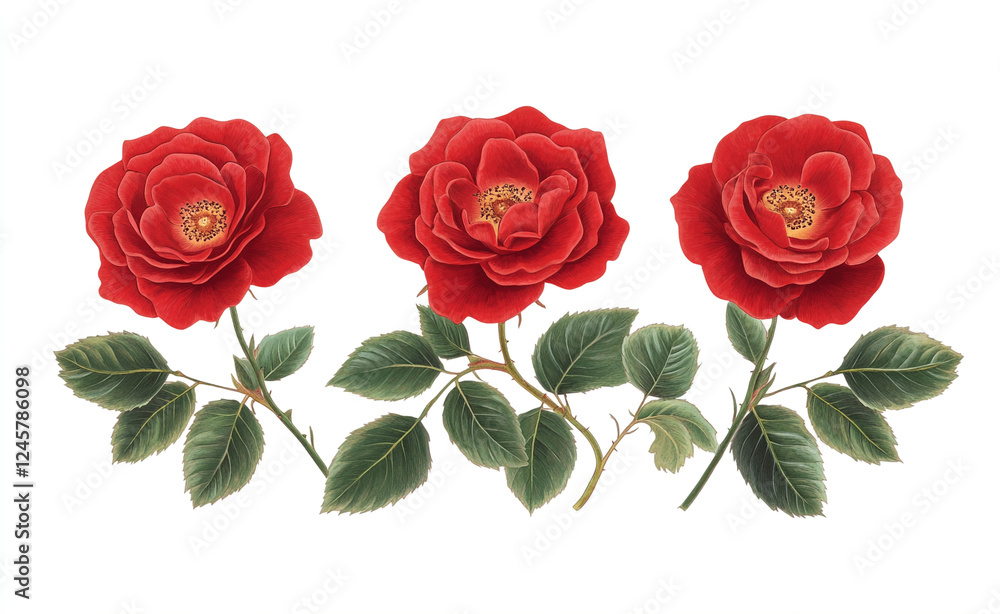 Naklejka premium Three red roses with vibrant green leaves sit on a white background, the simplicity and elegance of the scene make it ideal for floral designs, with no distractions or added details.