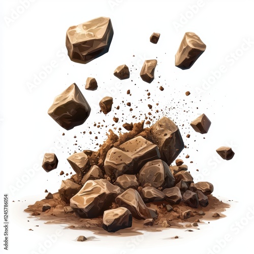 landslide with rocks and dirt falling isolated on white