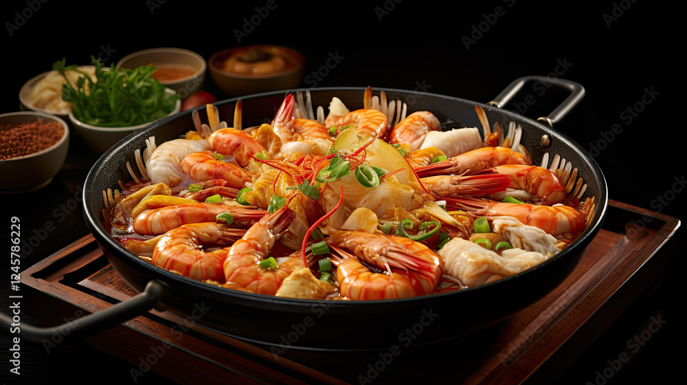 Fototapeta premium Succulent Shrimp and Vegetable Dish in a Dark Pan