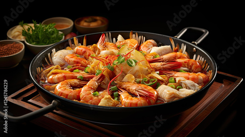 Succulent Shrimp and Vegetable Dish in a Dark Pan