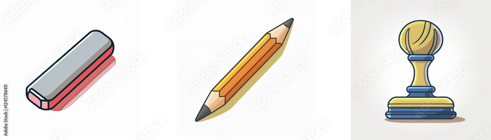 Three common office or school supplies depicted: an eraser, a wooden pencil, and a golden stamp, all isolated on a white background.