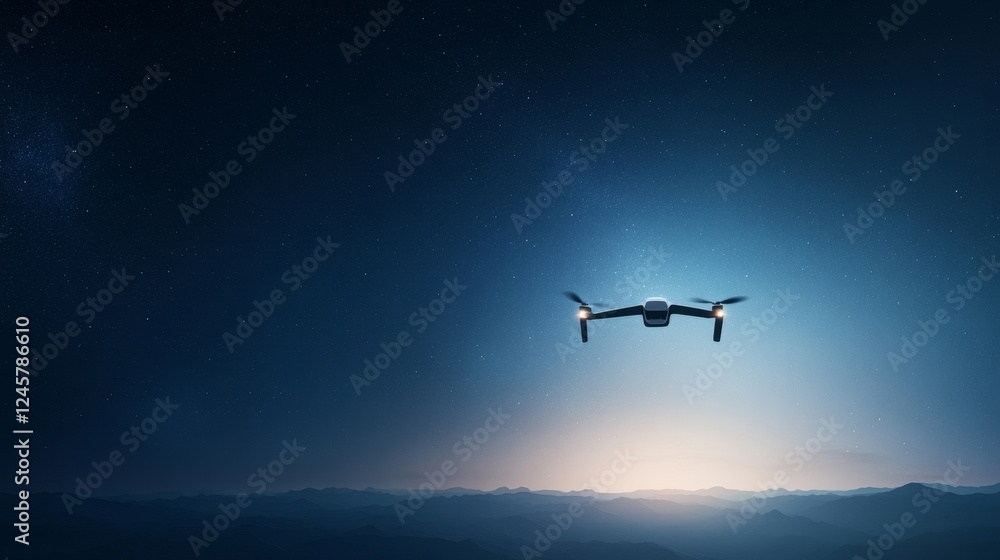 Drone Delivery in Night Sky Over Mountains Drone Delivery in Night Sky Over Mountains