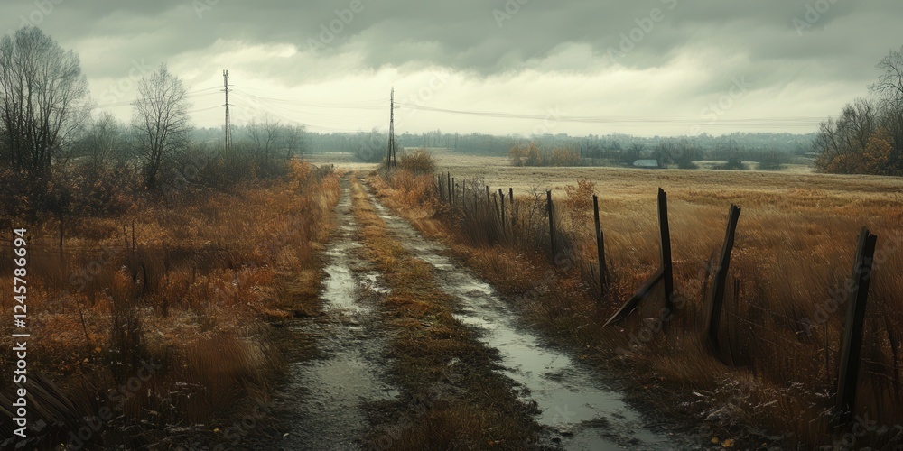 Obraz premium Rural dirt road winding through a foggy landscape on a cloudy day with reflections in puddles