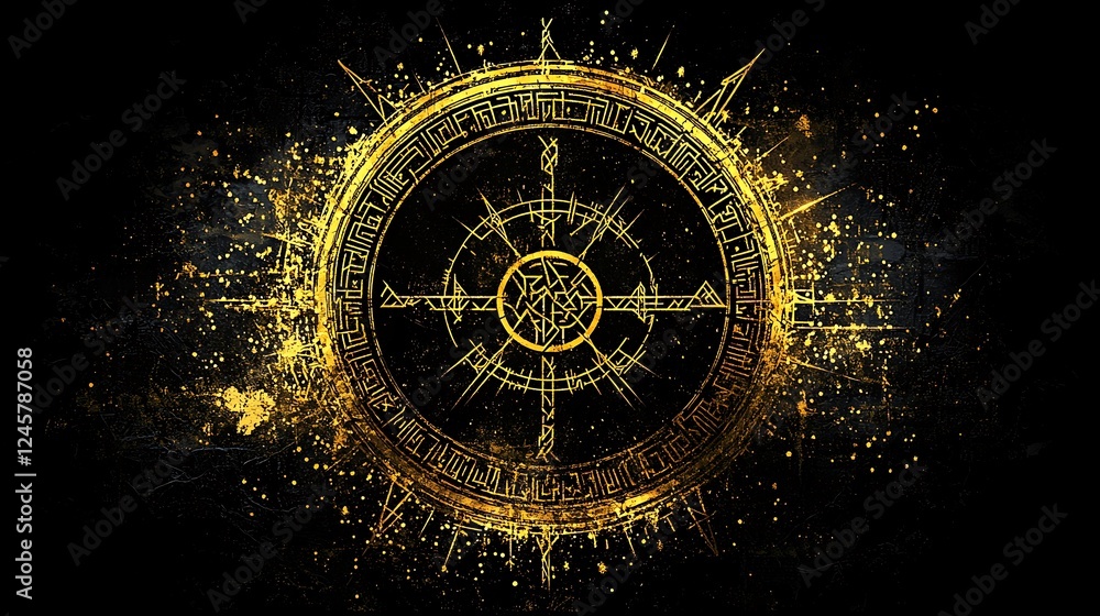 Obraz premium Golden Mystical Compass Rose on Black Grunge Background.