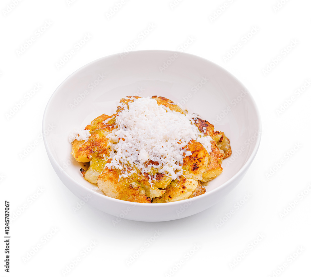 Tasty baked bananas topped with shredded coconut in a clean bowl on a white background Tasty baked bananas topped with shredded coconut in a clean bowl on a white background