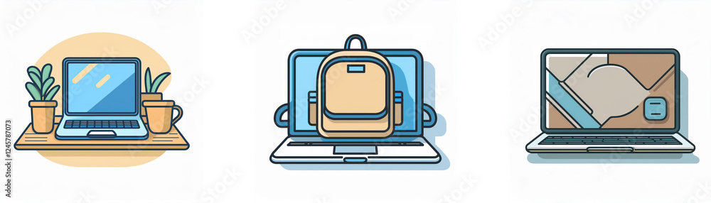 Naklejka premium Three laptop icons showcase varied concepts: a work desk with plants, a backpack for mobility, and a handshake for partnership, representing diverse uses and ideas.