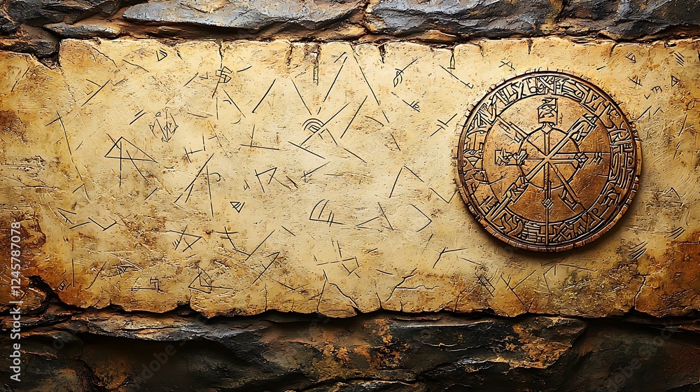 Naklejka premium Ancient Rune Stone with Bronze Compass Rose.