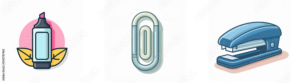 Three office icons are shown: a marker with leaves, a paper clip, and a blue stapler, all isolated on a white background. Three office icons are shown: a marker with leaves, a paper clip, and a blue stapler, all isolated on a white background.