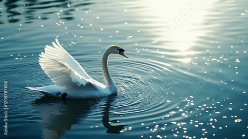 Fototapeta Naklejka Na Ścianę i Meble -  Elegant swan swimming lake sunset, calm water, nature background, ideal for serenity, peace