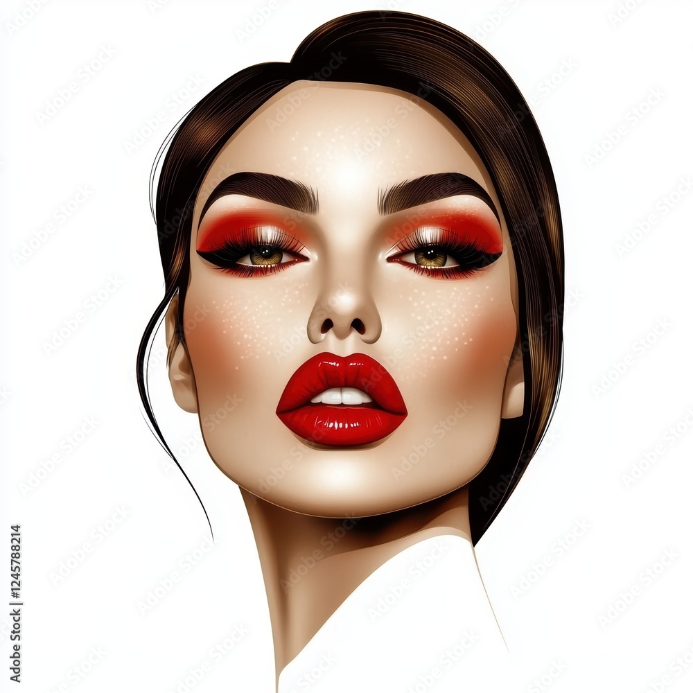 glamorous woman with bold red lipstick and elegant eye makeup, isolated on white glamorous woman with bold red lipstick and elegant eye makeup, isolated on white