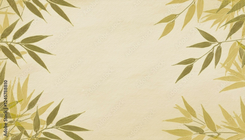 Fototapeta premium ベージュの和紙に緑色の竹林の和風背景壁紙。コピースペースあり。aiで生成