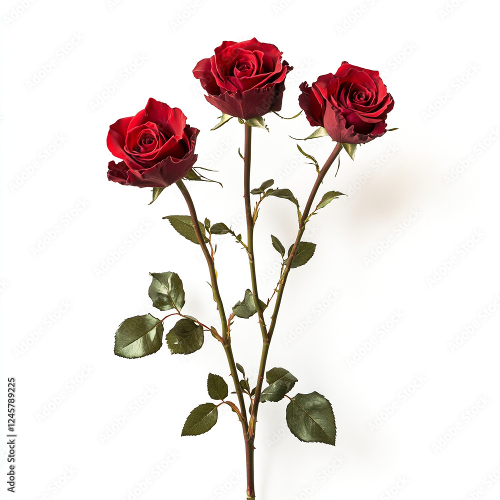 Naklejka premium Three vibrant red roses with lush green leaves sit delicately on a white background. The simplicity of this composition highlights the timeless beauty of these flowers, perfect for romantic themes.