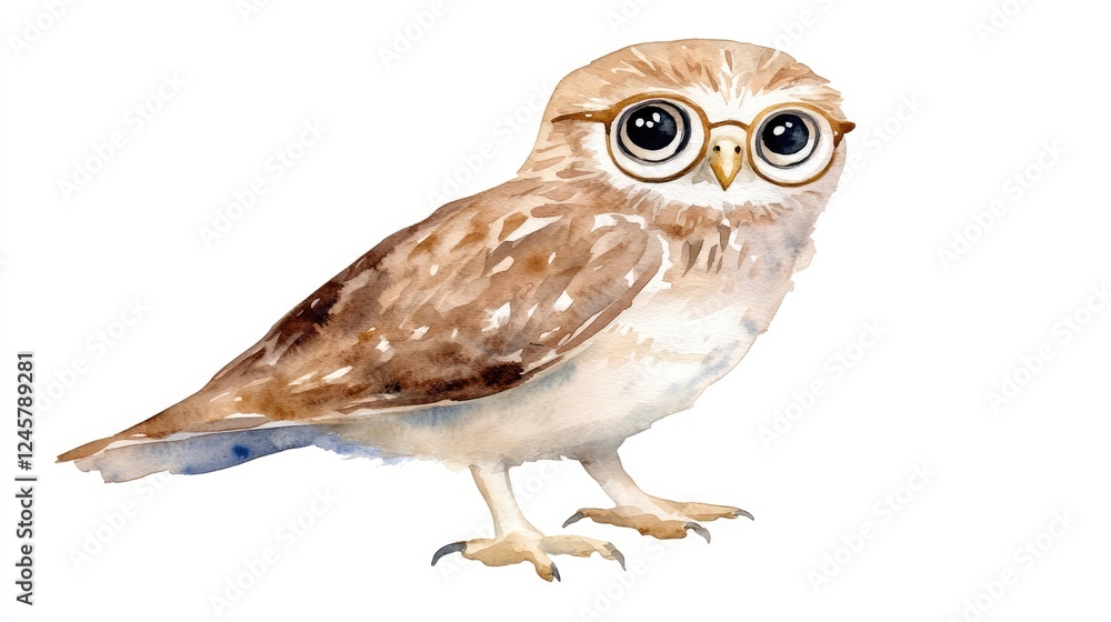 Naklejka premium Whimsical Watercolor Owl with Glasses on a White Background Watercolor