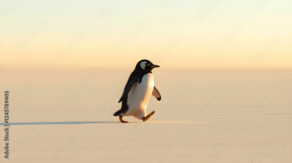 Fototapeta premium Gentoo penguin strolling through a snow-covered winter landscape against a snowy backdrop