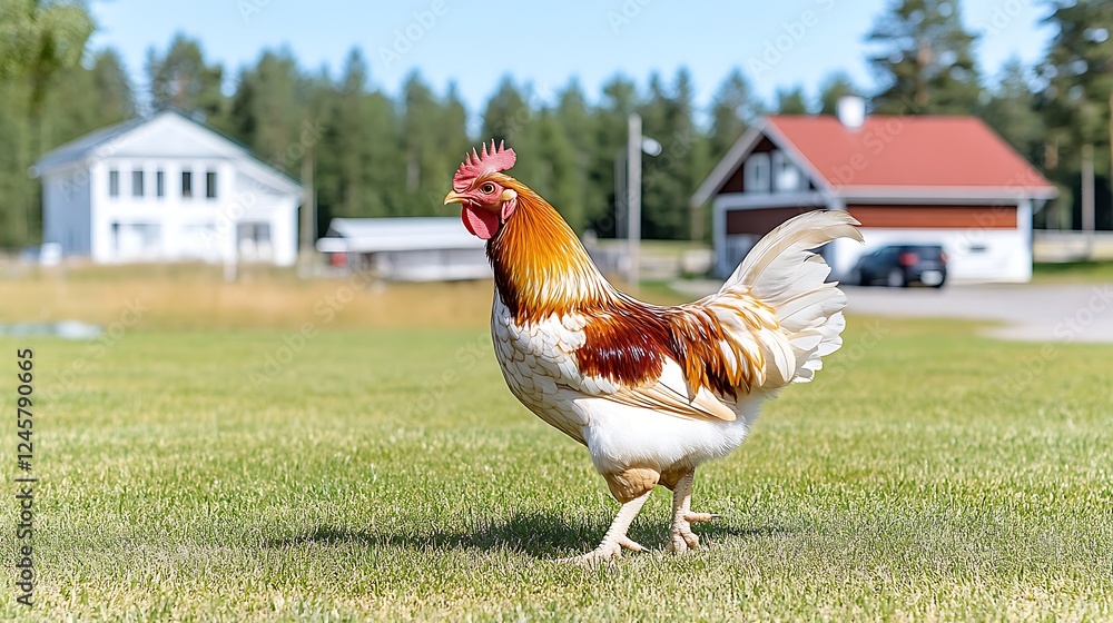 Fototapeta premium Rooster walking near homes