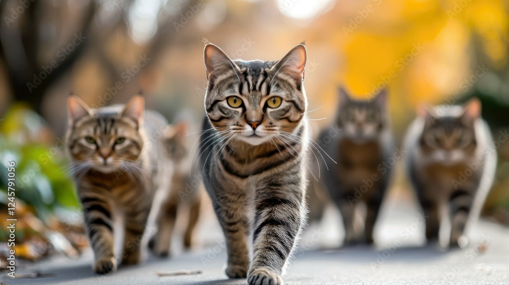 Fototapeta premium Magnificent Tabby Cats Walking on an Autumn Path: A Captivating Image of Feline Companionship
