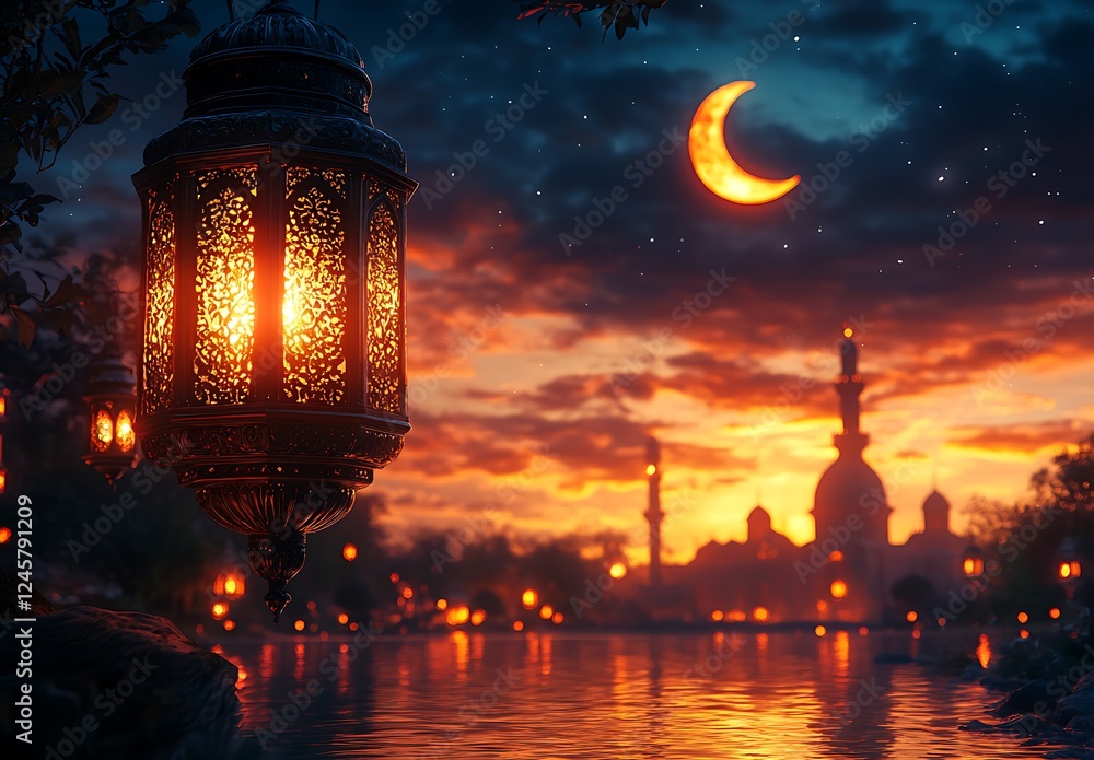 Glowing Lantern and Crescent Moon Over a Silhouetted Skyline at Sunset
Glowing Lantern and Crescent Moon Over a Silhouetted Skyline at Sunset
