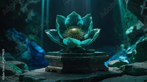 Stone flower made of malachite on a rocky surface in a dark cave. photo