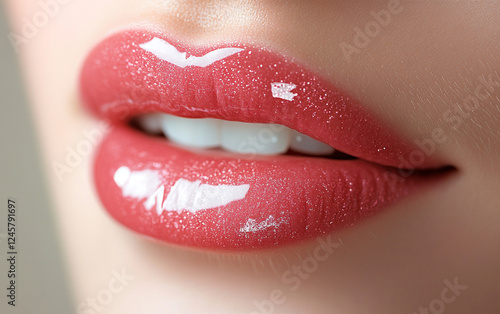 A close-up of lips coated in pink lip gloss, isolated on a white background. The sharp focus highlights the glossy texture and soft pink tones of the lips, emphasizing their smooth appearance. photo