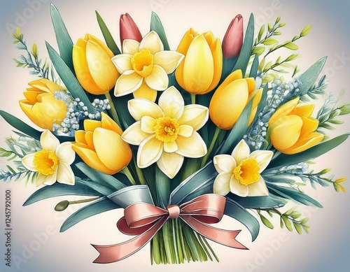 Wallpaper Mural A delicate watercolor painting of an Easter bouquet, featuring daffodils, tulips, and soft green leaves. The gentle brushstrokes and vibrant colors evoke the freshness and beauty of spring. Torontodigital.ca