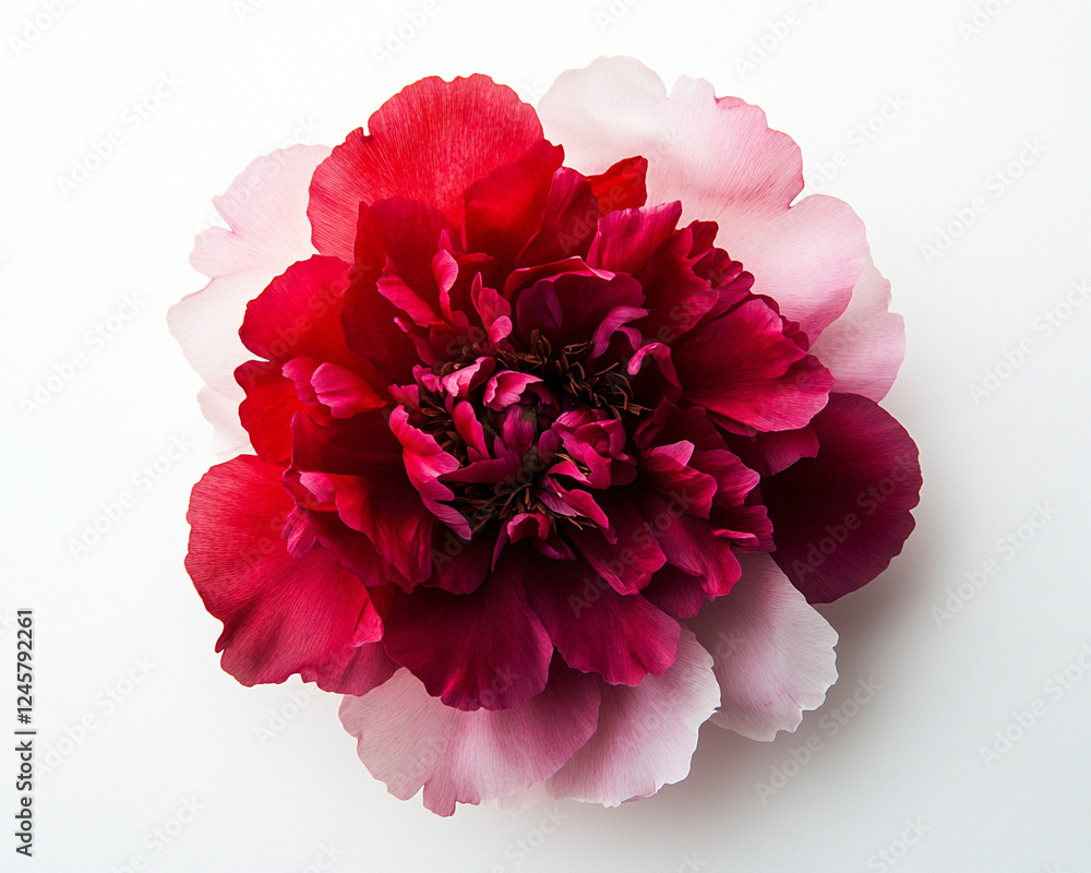 A vibrant red, magenta, and pink peony flower rests on a white background. The soft petals arranged from above offer an elegant, romantic design for floral-themed projects. A vibrant red, magenta, and pink peony flower rests on a white background. The soft petals arranged from above offer an elegant, romantic design for floral-themed projects.