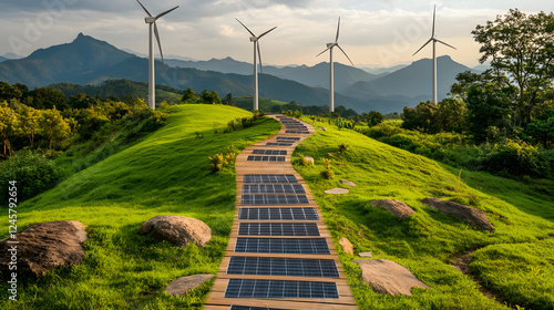 A symbolic bridge made of solar panels and wind turbines, representing the transition to sustainable industries