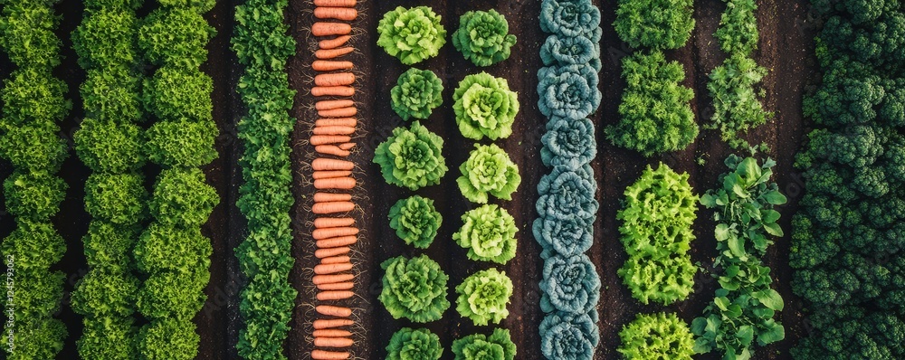 Aerial View of Lush Green Crops and Neat Plant Rows. Aerial View of Lush Green Crops and Neat Plant Rows.
