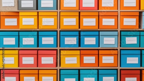 A vibrant display of organized storage boxes in various colors, showcasing an efficient and tidy method for keeping items categorized.