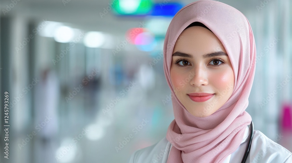 Muslim doctor smiling, hospital hallway, healthcare Muslim doctor smiling, hospital hallway, healthcare