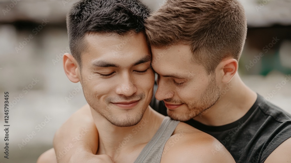 Fototapeta premium A close-up of a man kissing his partnerâ€™s shoulder, deep warmth and love in the image