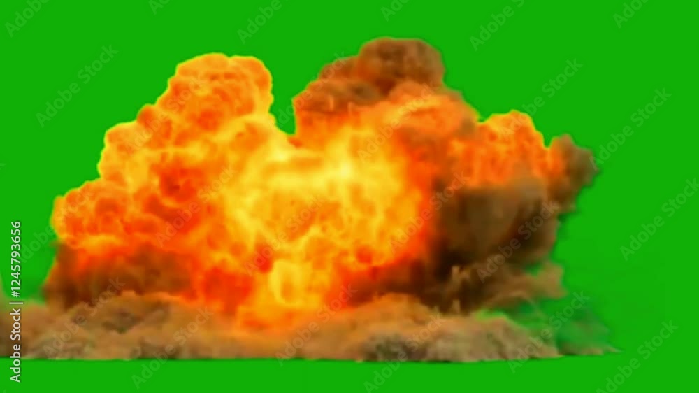 4k. Fire explosion explosion fire bomb smoke explosion animation on green screen. Nuclear atomic bomb explosion with smoke, fire and cloud, isolated on green screen chroma key background