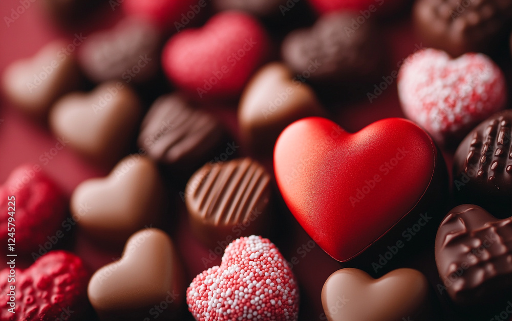 Heart-shaped chocolates and other sweet treats scattered across a surface. The varying colors and shapes represent love and romance, making this scene perfect for Valentine's Day-themed designs. Heart-shaped chocolates and other sweet treats scattered across a surface. The varying colors and shapes represent love and romance, making this scene perfect for Valentine's Day-themed designs.