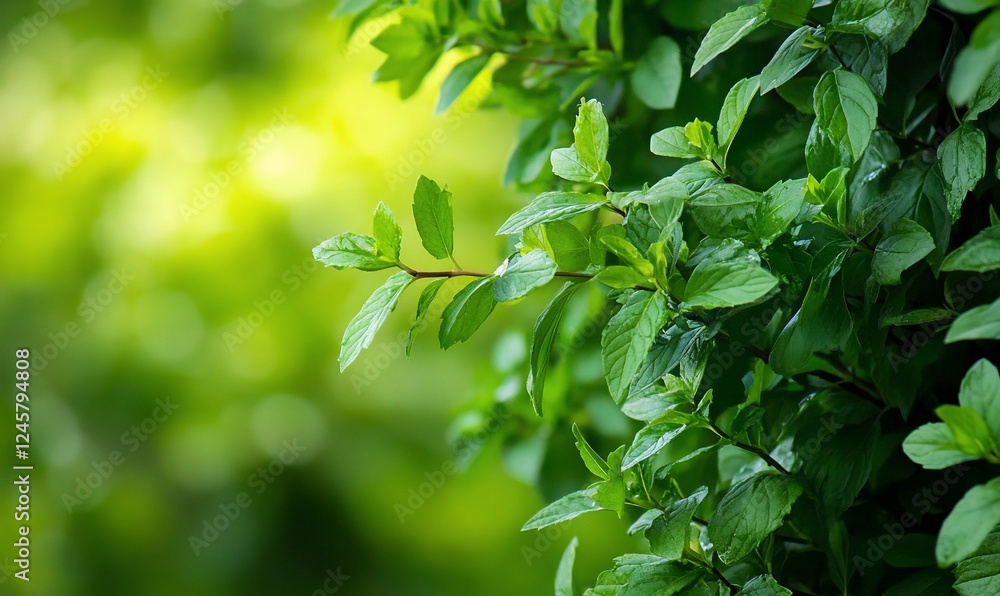 Fresh mint leaves, garden, sunlight, bokeh background, healthy Fresh mint leaves, garden, sunlight, bokeh background, healthy