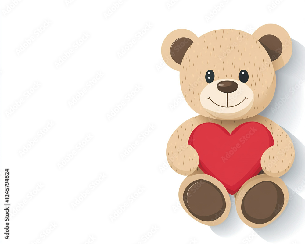 A cute teddy bear with a red heart stands against a white background. The simple, flat design with no shadows is perfect for Valentine?? projects, offering a cheerful, love-filled look.