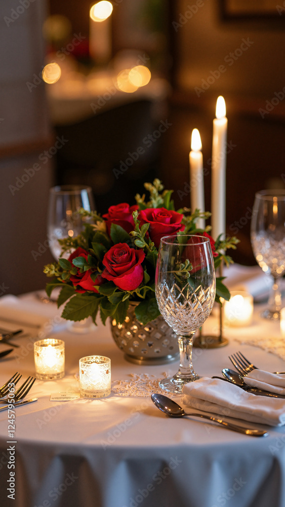 Romantic Candlelight Dinner: Elegant Table Setting for Upscale Dining, Perfect for Restaurant Promotions and Wedding Planning Romantic Candlelight Dinner: Elegant Table Setting for Upscale Dining, Perfect for Restaurant Promotions and Wedding Planning