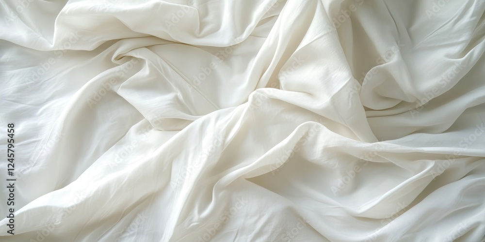 Soft white bedding sheets draped elegantly with smooth texture creating gentle folds and ample copy space for design or advertising use. Soft white bedding sheets draped elegantly with smooth texture creating gentle folds and ample copy space for design or advertising use.