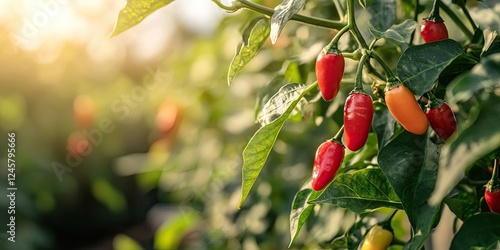 Vibrant red and orange chili peppers hanging on lush green plants with soft sunlight creating a warm glow in the background. photo