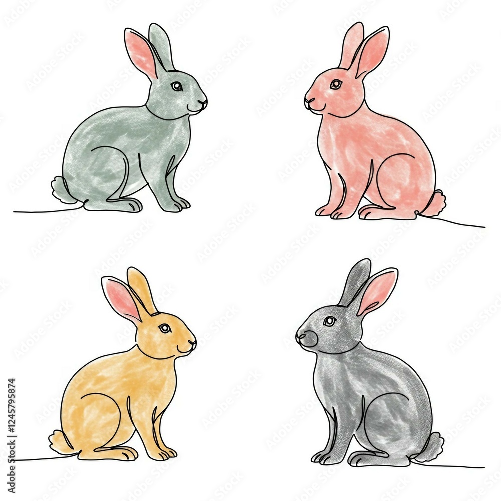 Fototapeta premium Collection of rabbits. Isolated line drawings with color spots. 