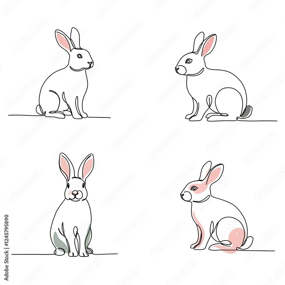 Fototapeta premium Collection of rabbits. Isolated line drawings with color spots. 