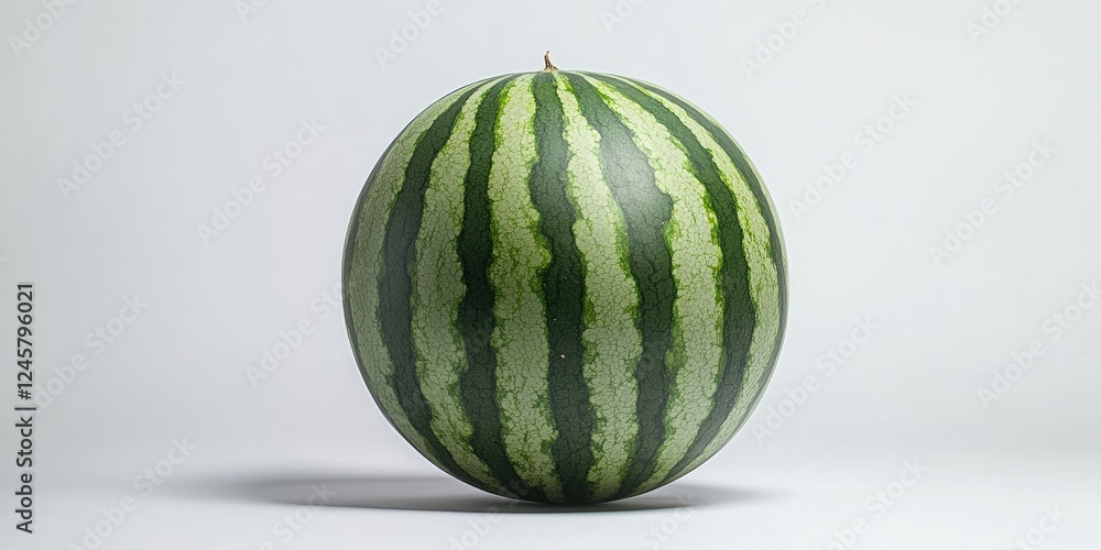 Freshly cut whole watermelon with dark green and light green stripes, centered on a clean white background highlighting its round shape and texture. Freshly cut whole watermelon with dark green and light green stripes, centered on a clean white background highlighting its round shape and texture.