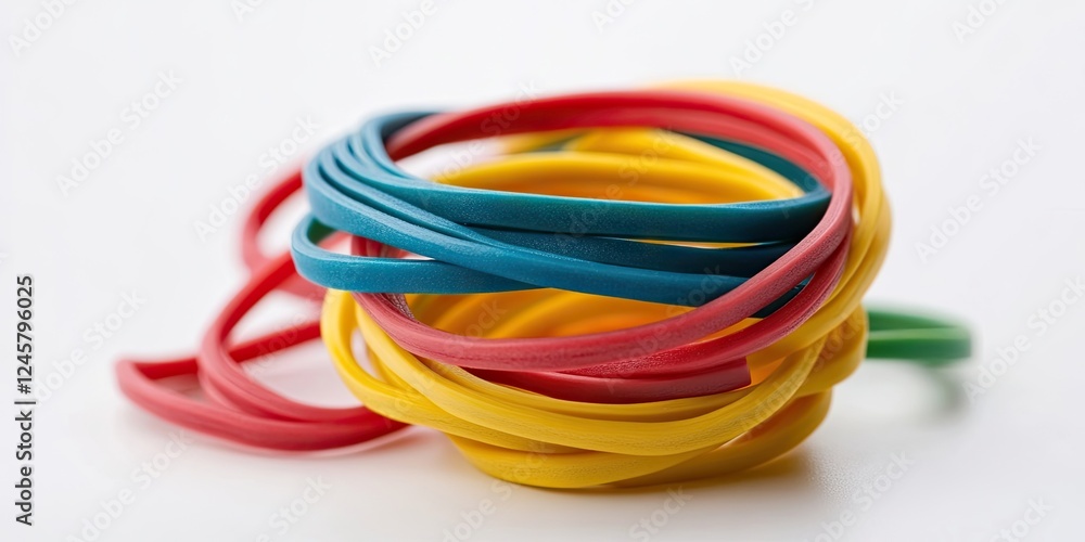 Colorful rubber bands in a tangled arrangement with blue, yellow, red, and green bands set against a soft white background for a clean look. Colorful rubber bands in a tangled arrangement with blue, yellow, red, and green bands set against a soft white background for a clean look.