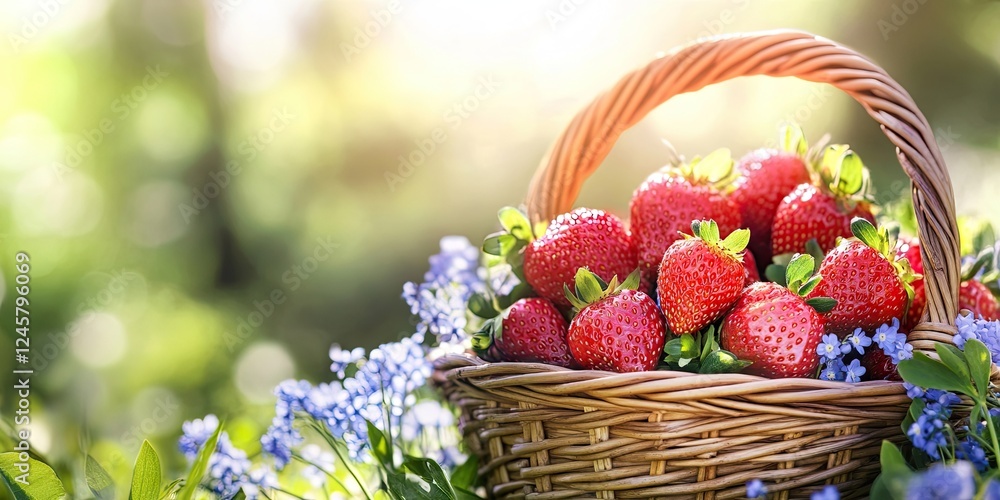 Fresh red strawberries in a woven basket surrounded by delicate blue flowers on a vibrant green background illuminated by soft sunlight Fresh red strawberries in a woven basket surrounded by delicate blue flowers on a vibrant green background illuminated by soft sunlight