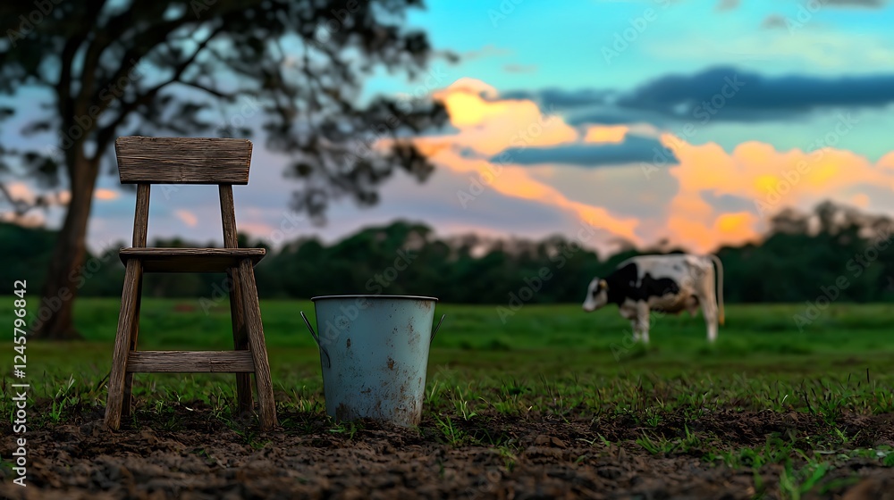 A rustic scene featuring a wooden chair and a bucket in a pasture with a cow grazing at sunset A rustic scene featuring a wooden chair and a bucket in a pasture with a cow grazing at sunset
